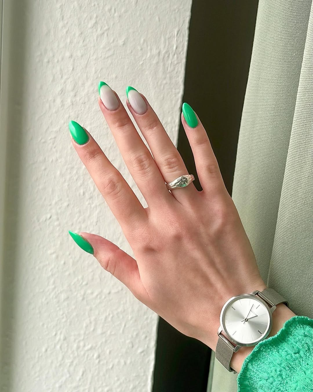 Vibrant Green Glossy Stiletto French Tips