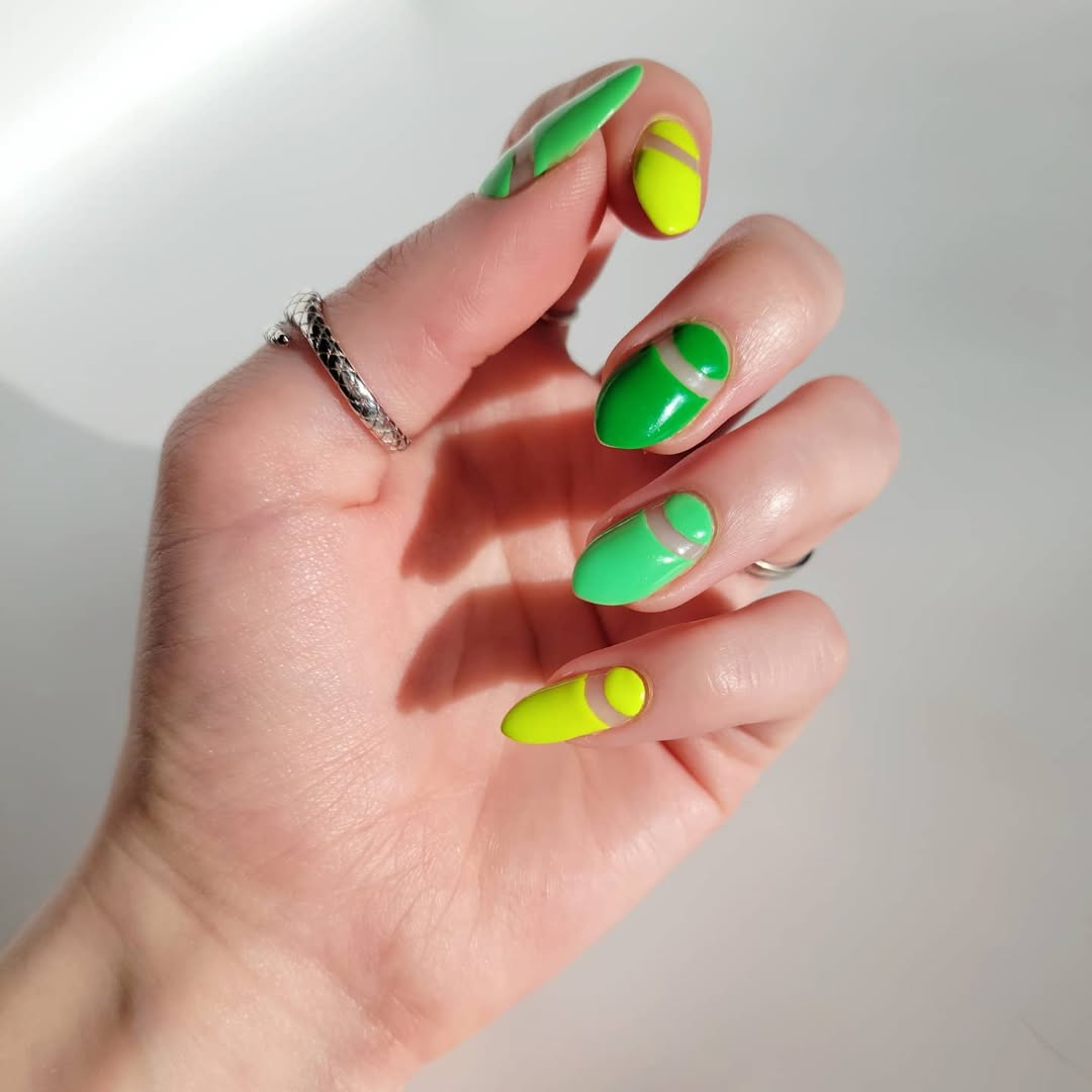 Vibrant Green Half Moon Graphic Nails