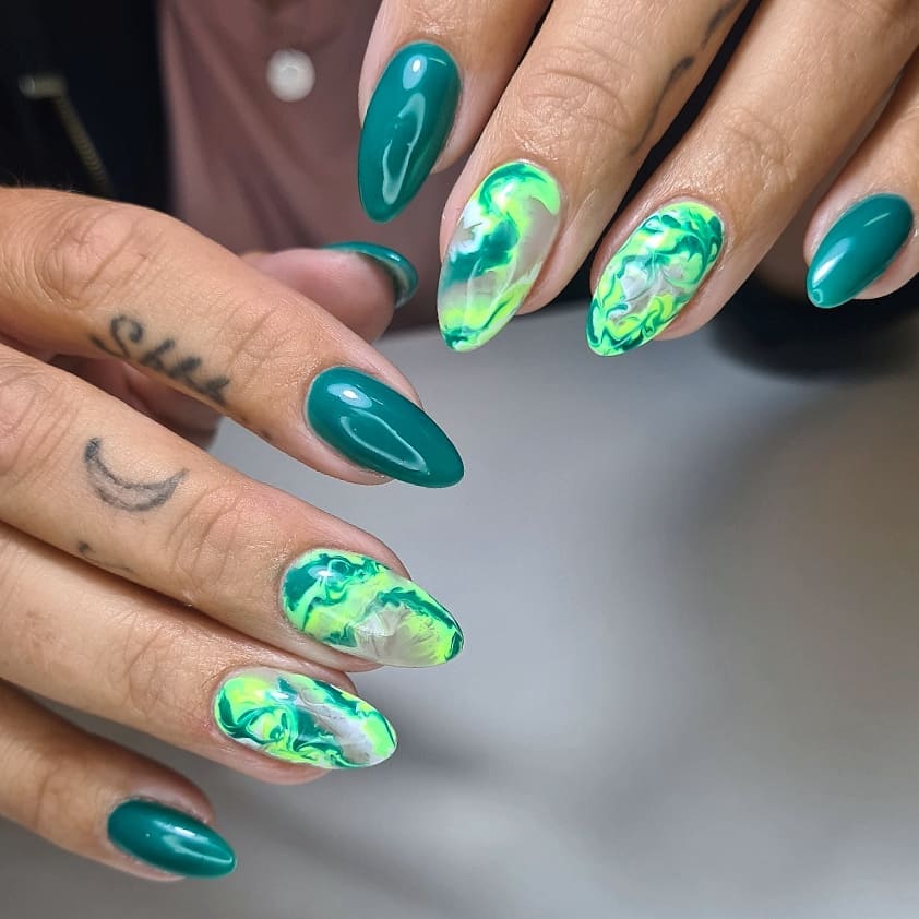 Vibrant Green Marble Accent Summer Nails