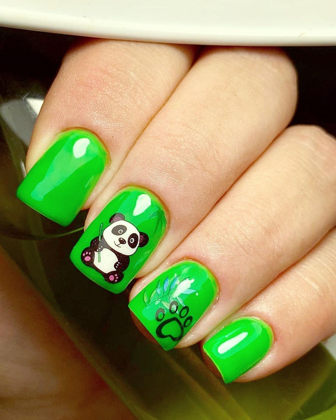 Vibrant Green Panda Paw Print Summer Nails