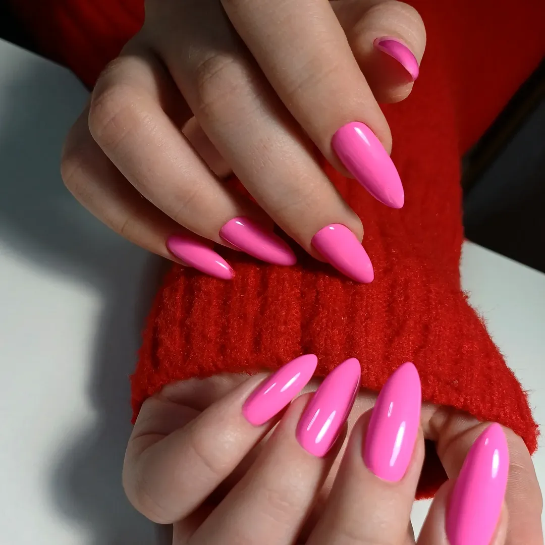 Vibrant Hot Pink Glossy Long Almond Nails