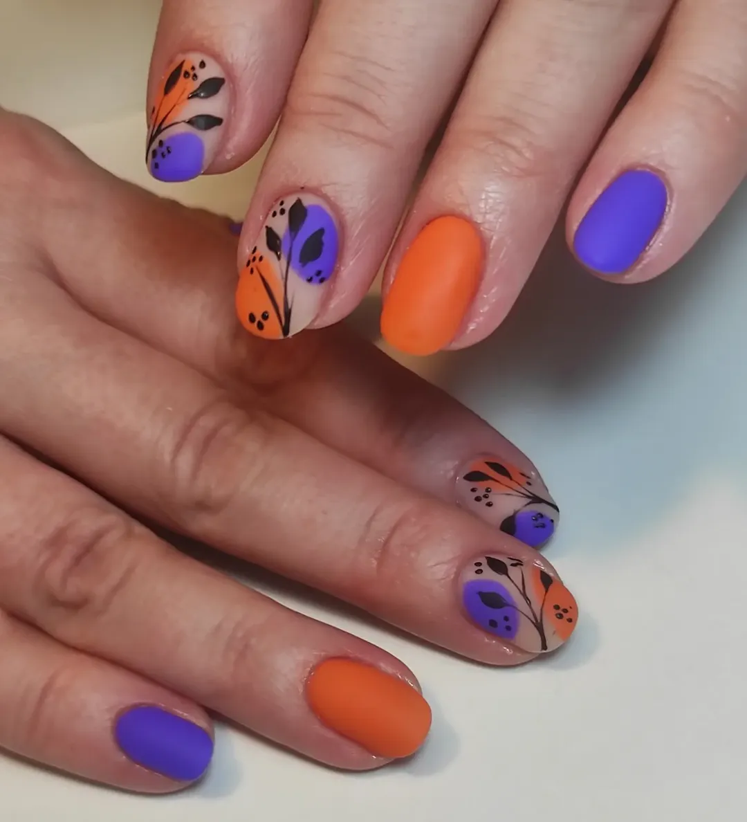 Vibrant Matte Purple Orange Botanical Abstract Nails
