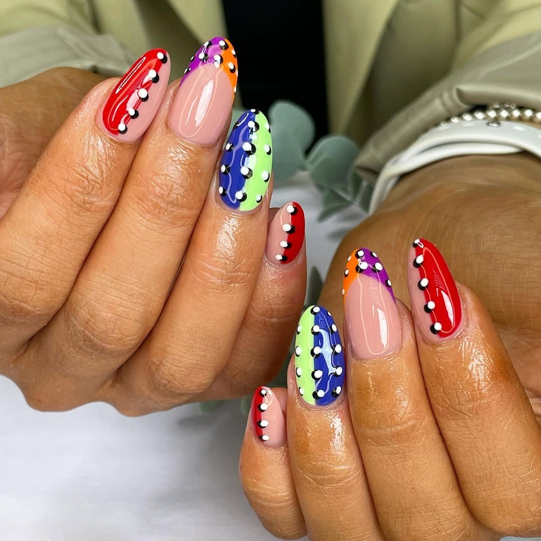 Vibrant Mismatched French Tips and Polka Dot Almond Nails