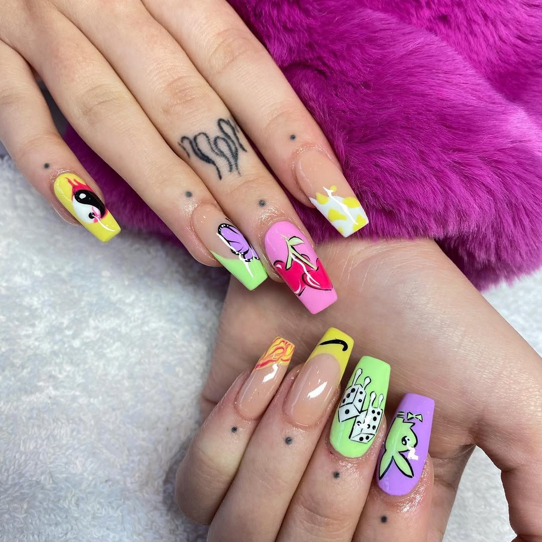 Vibrant Mix-and-Match Funky Coffin Nails
