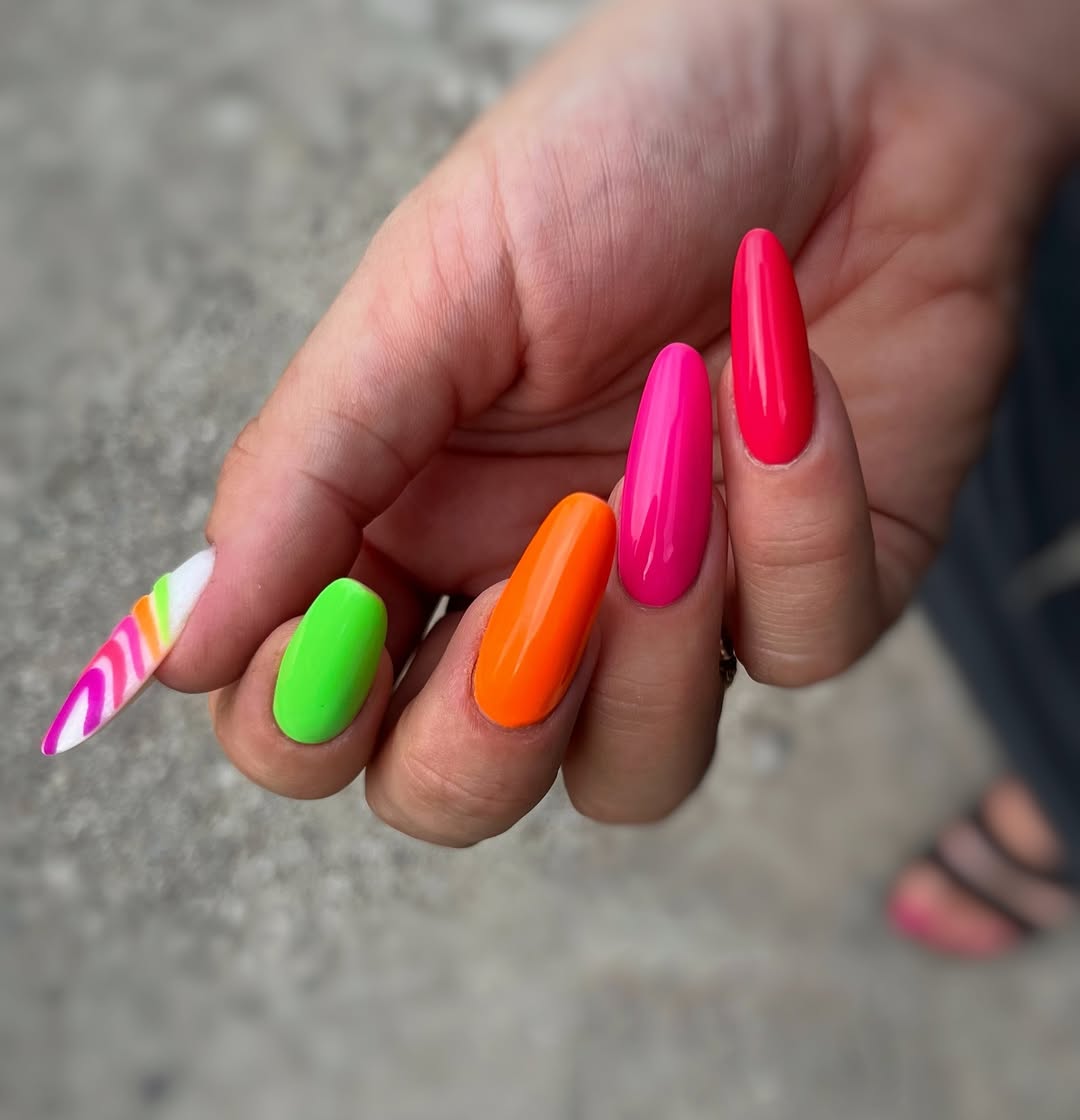 Vibrant Mixed Neon Stiletto Swirl Nails
