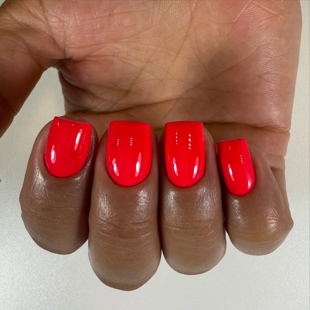 Vibrant Neon Pink Glossy Short Squoval Nails