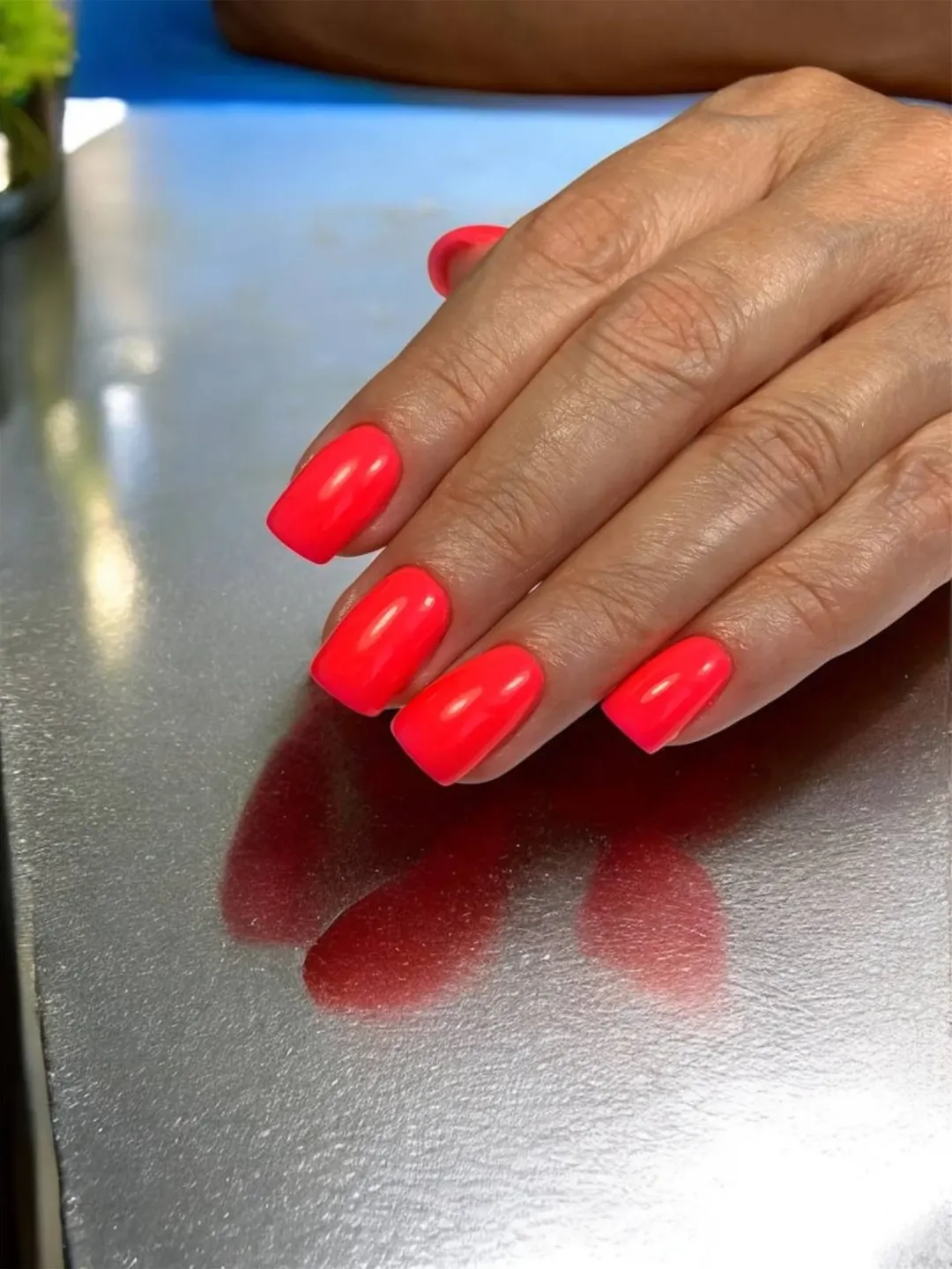 Vibrant Neon Red Glossy Short Round Nails