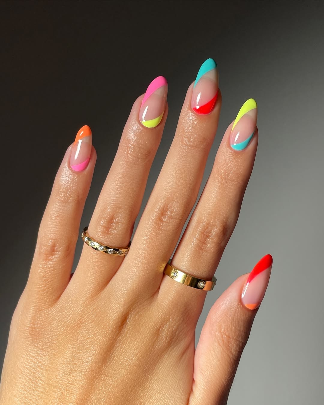 Vibrant Neon Skittles French Tips Almond Nails