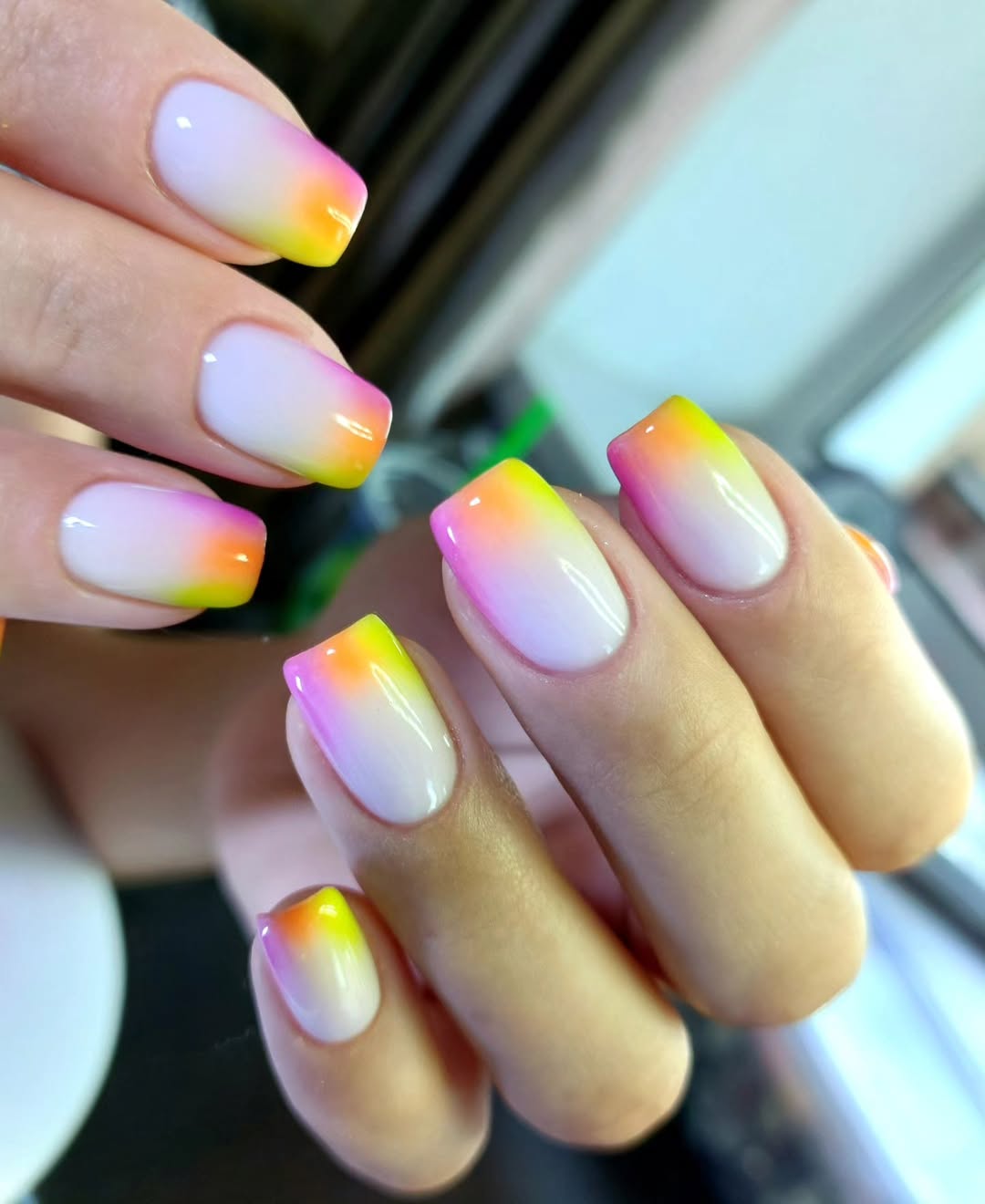 Vibrant Neon Sunrise Ombré Square Glossy Nails