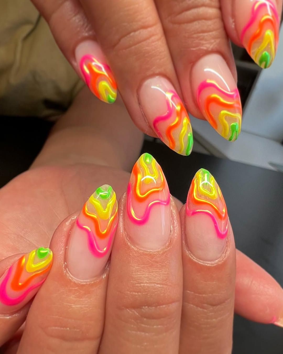 Vibrant Neon Swirl Almond Gel Nails