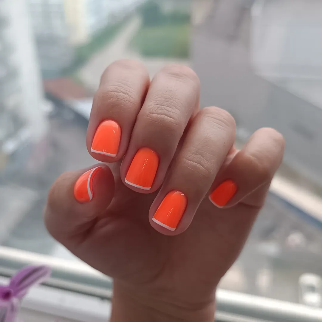 Vibrant Orange Glossy Micro French Short Round Nails