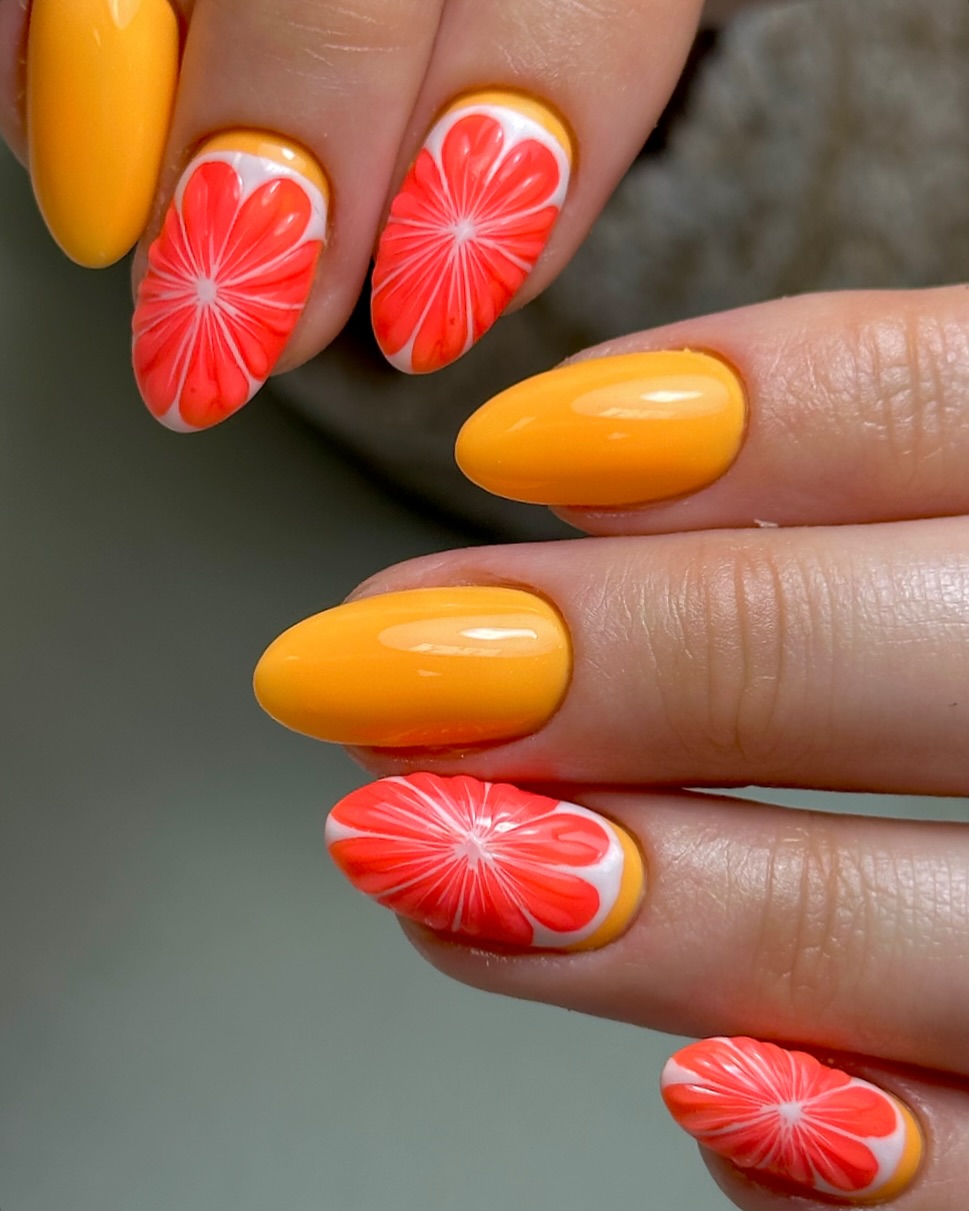 Vibrant Orange Grapefruit Summer Nail Art