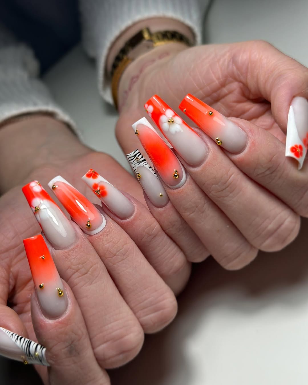 Vibrant Orange Ombre Flower Zebra Coffin Nails