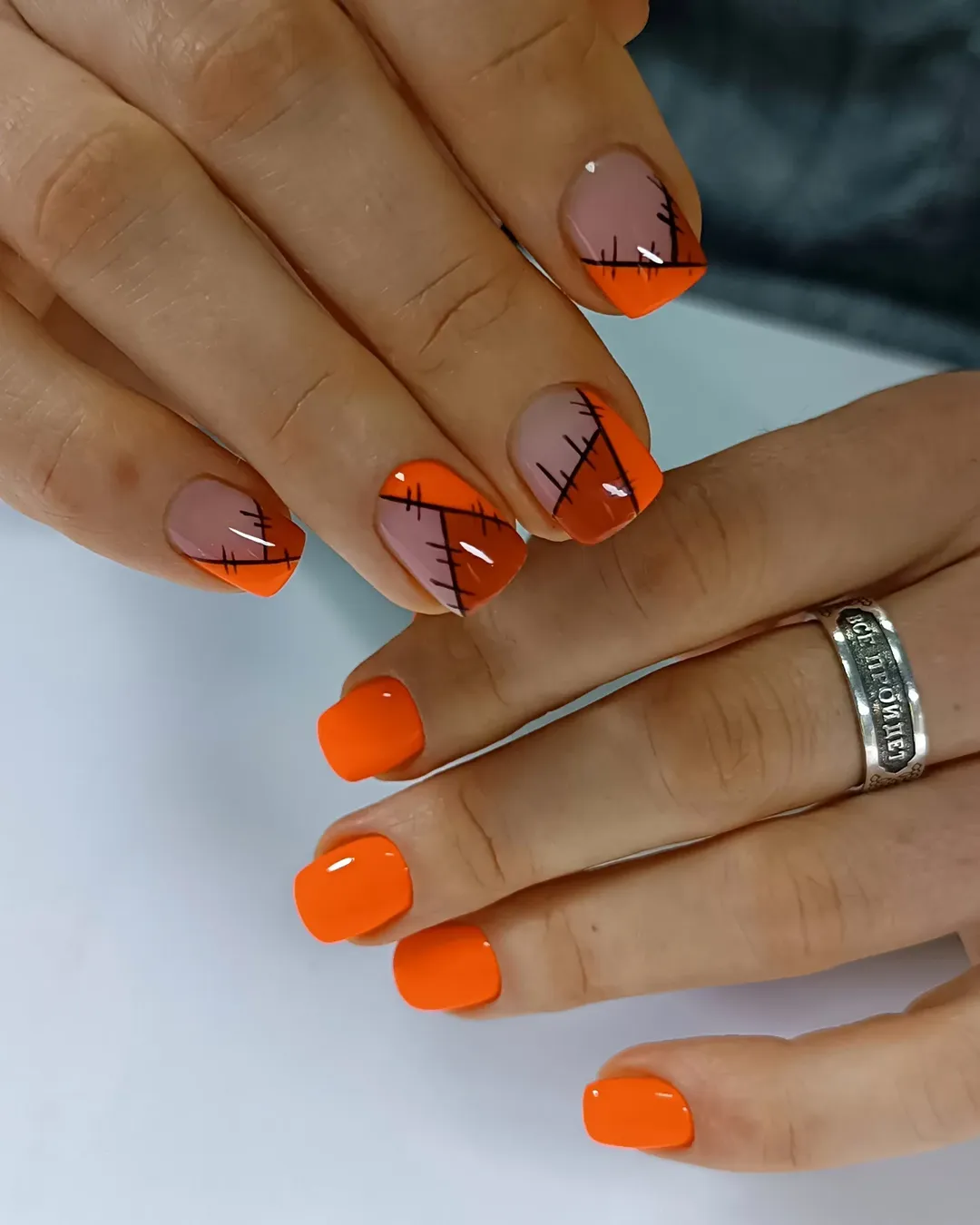Vibrant Orange Patchwork Stitch Short Square Manicure
