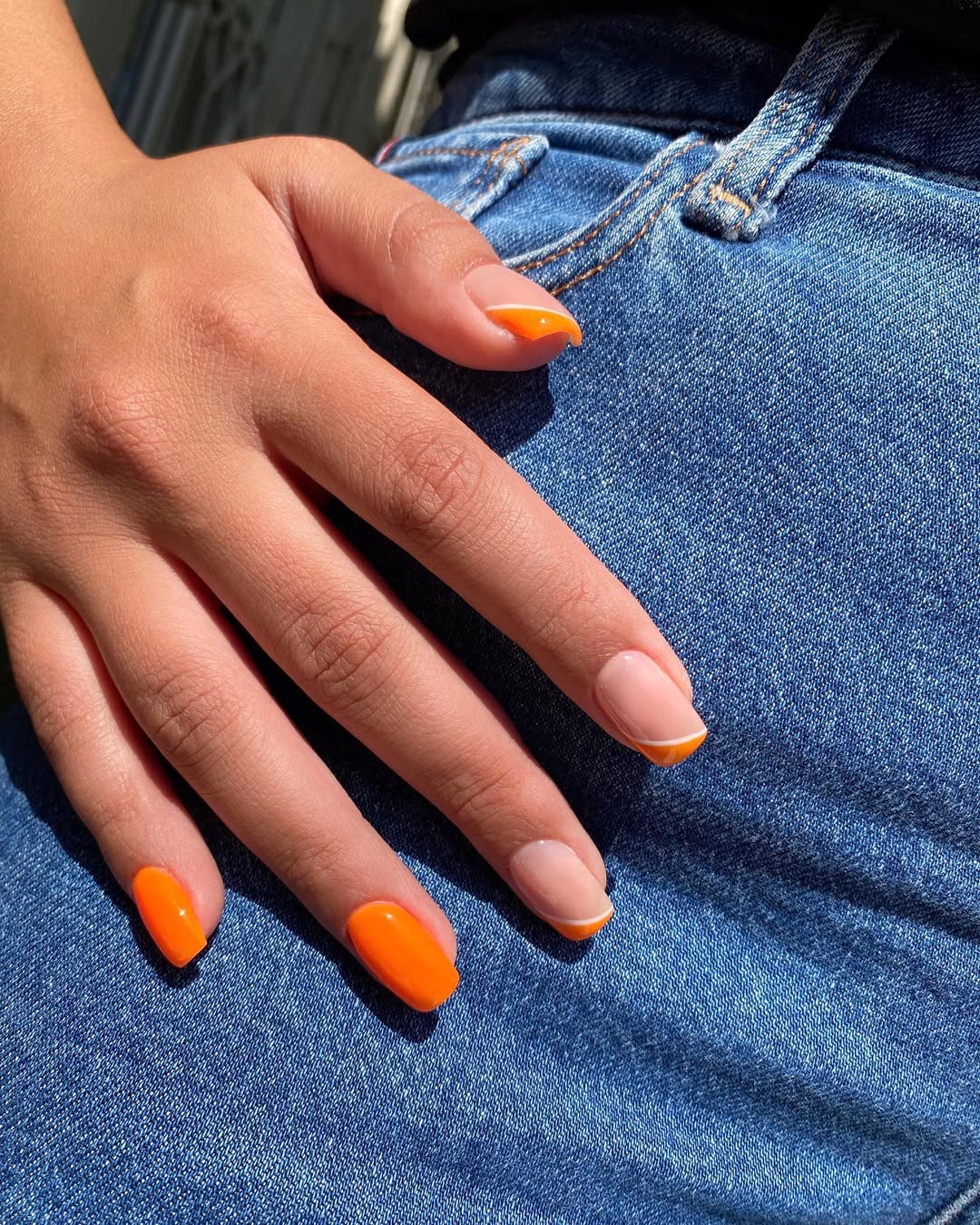 Vibrant Orange Tips And Solid Gel Summer Nails