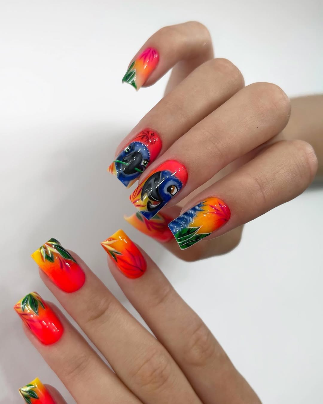 Vibrant Parrot Tropical Ombré Square Nails