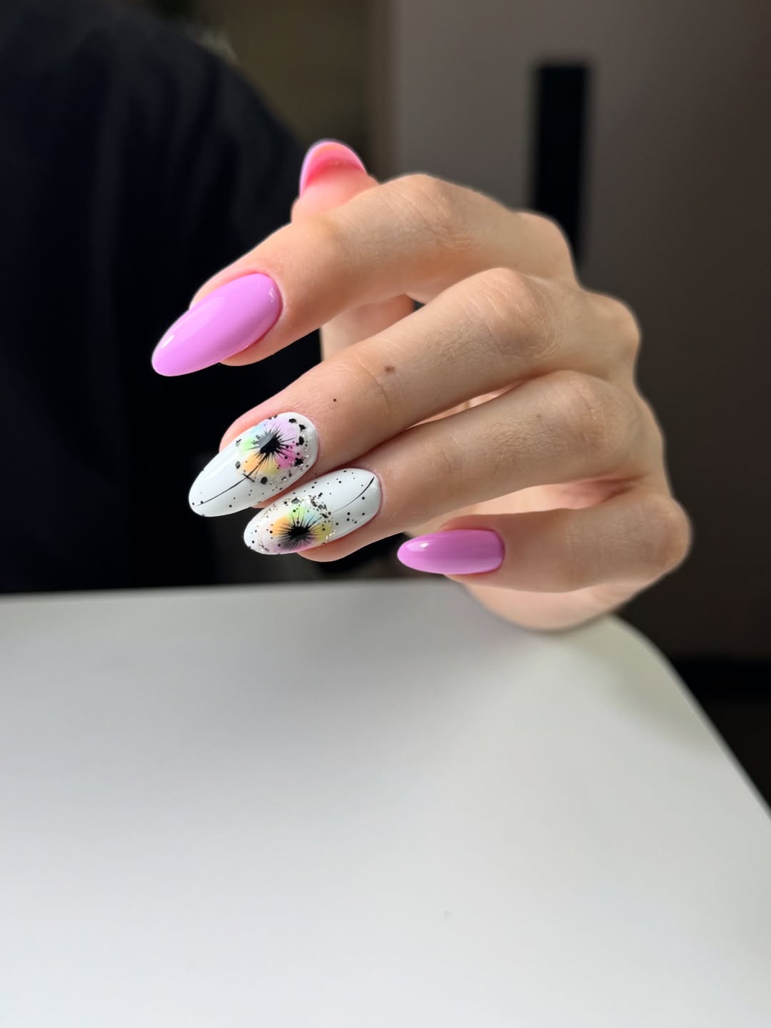 Vibrant Pink And Dandelion Accent Almond Nails