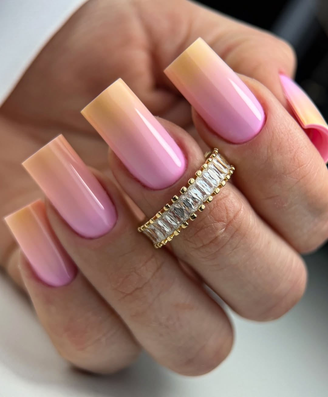 Vibrant Pink And Yellow Ombre Square Nails