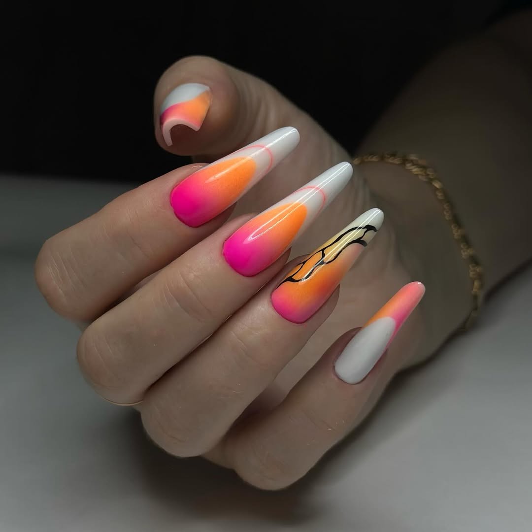 Vibrant Pink Orange Ombre Coffin Nails with White Tips