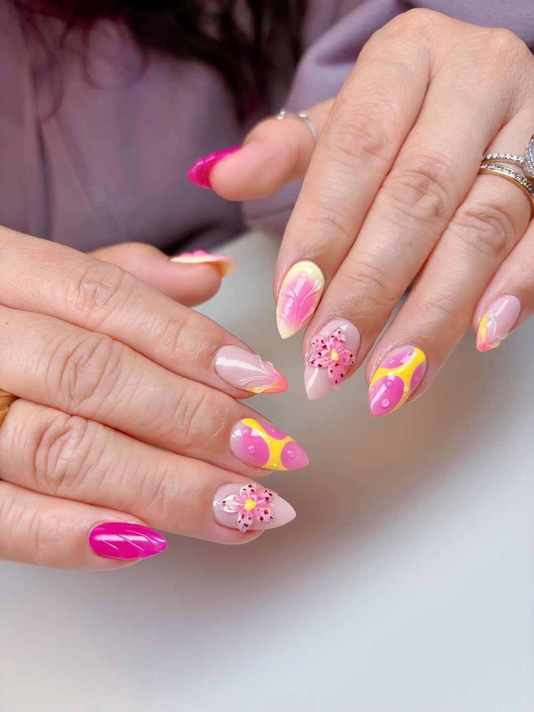 Vibrant Pink Yellow Floral Summer Stiletto Nails