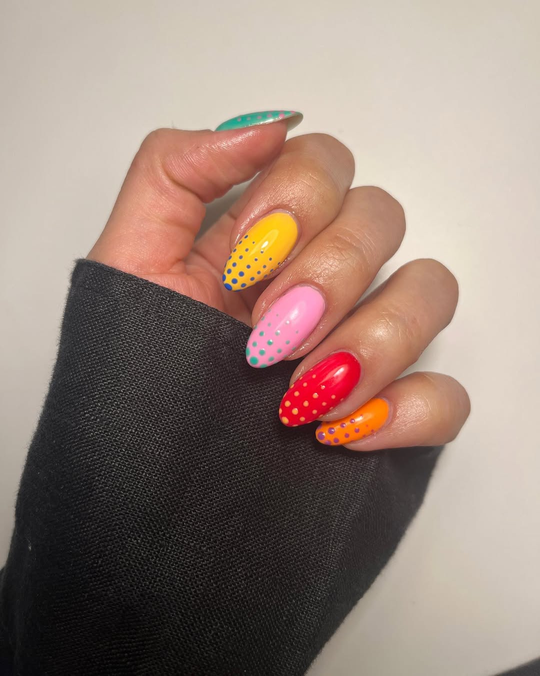 Vibrant Polka Dot Almond Pop Art Nails
