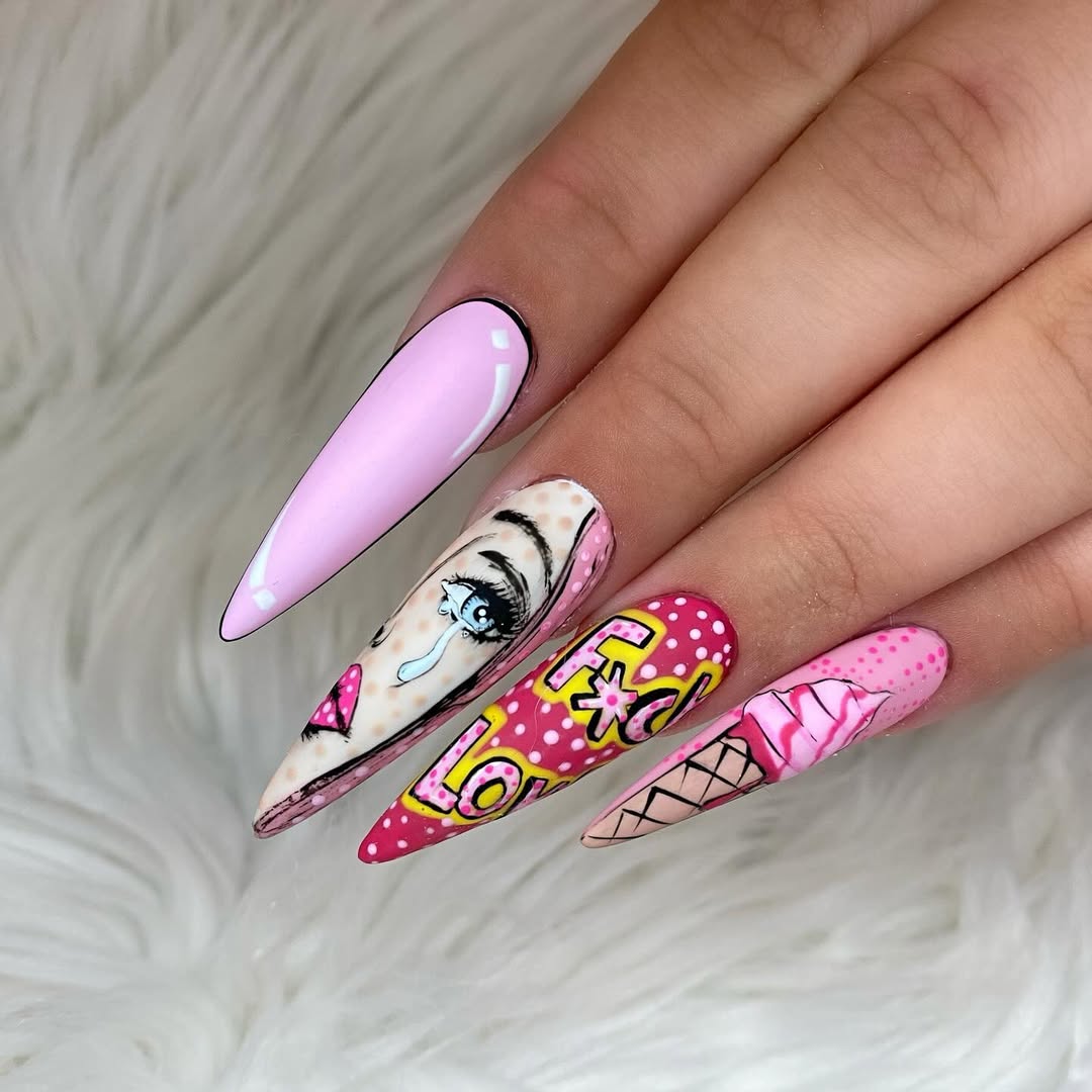 Vibrant Pop Art Comic Book Stiletto Nails