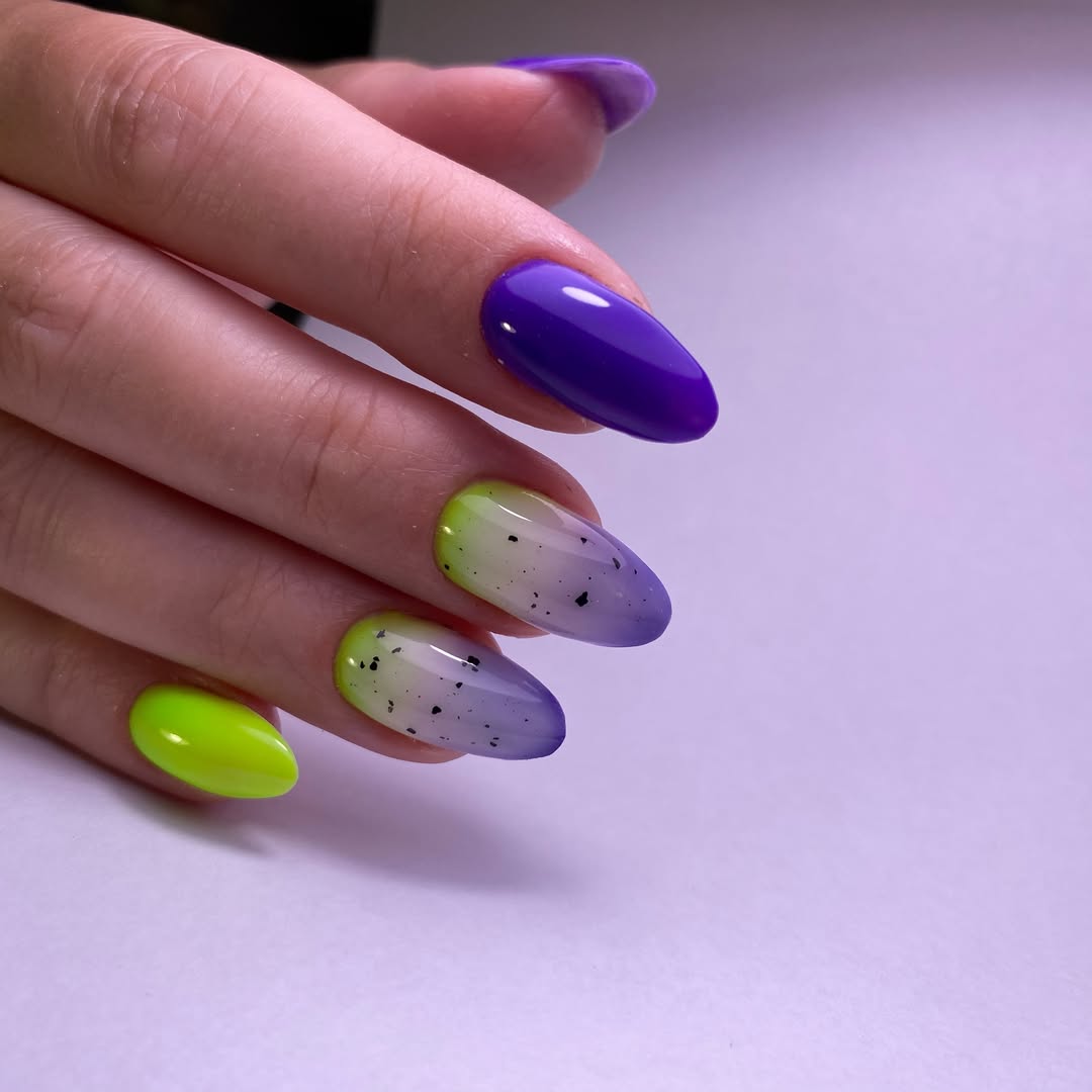 Vibrant Purple and Neon Green Ombre Almond Nails