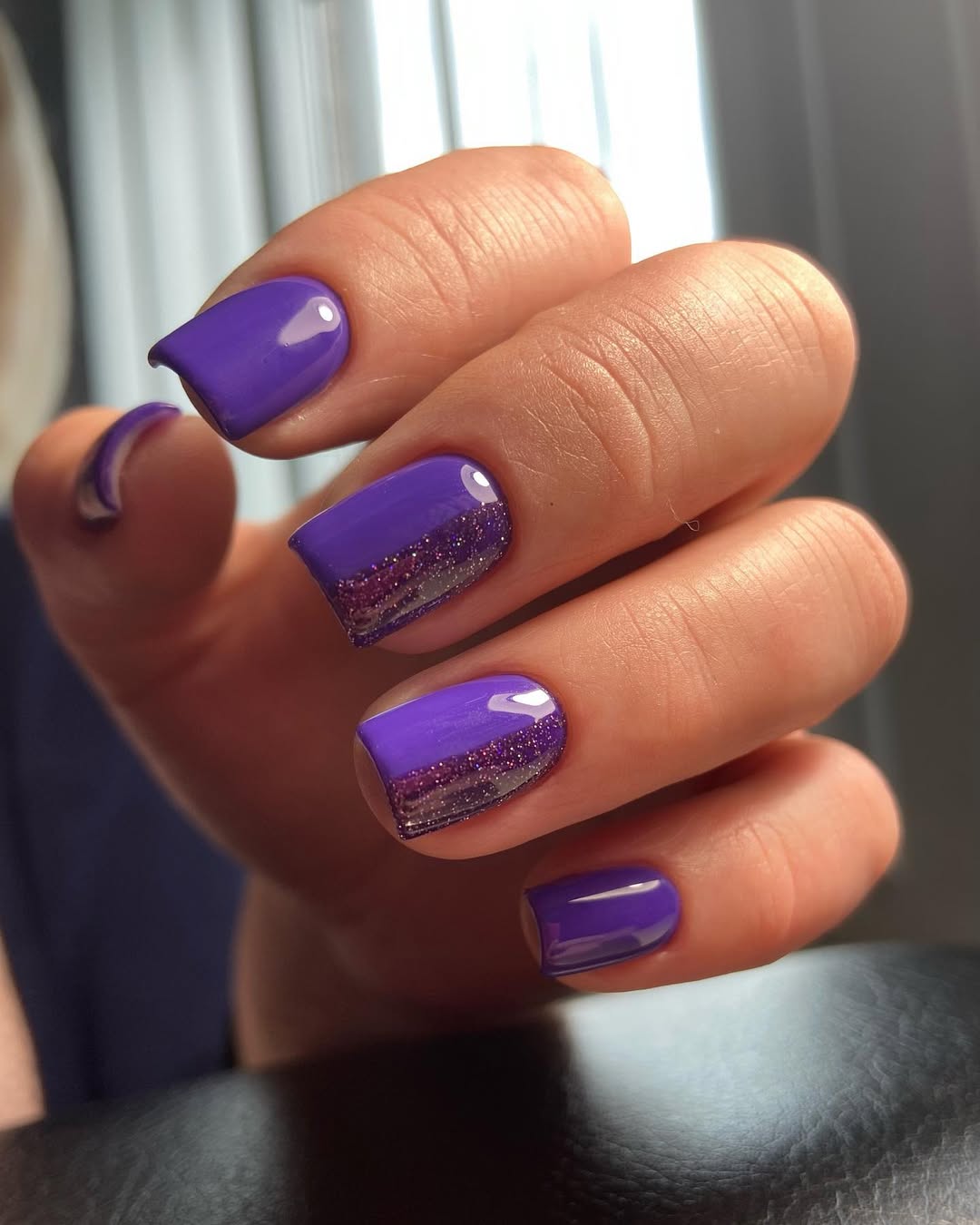 Vibrant Purple Glitter Stripe Short Square Nails
