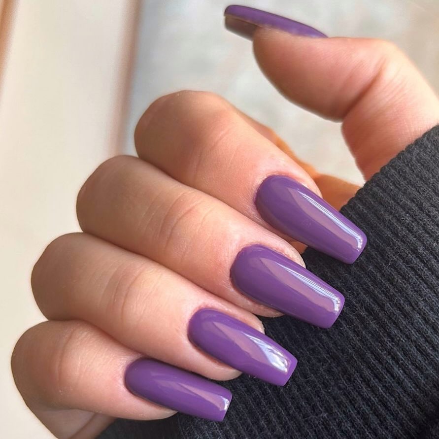 Vibrant Purple Glossy Long Coffin Nails