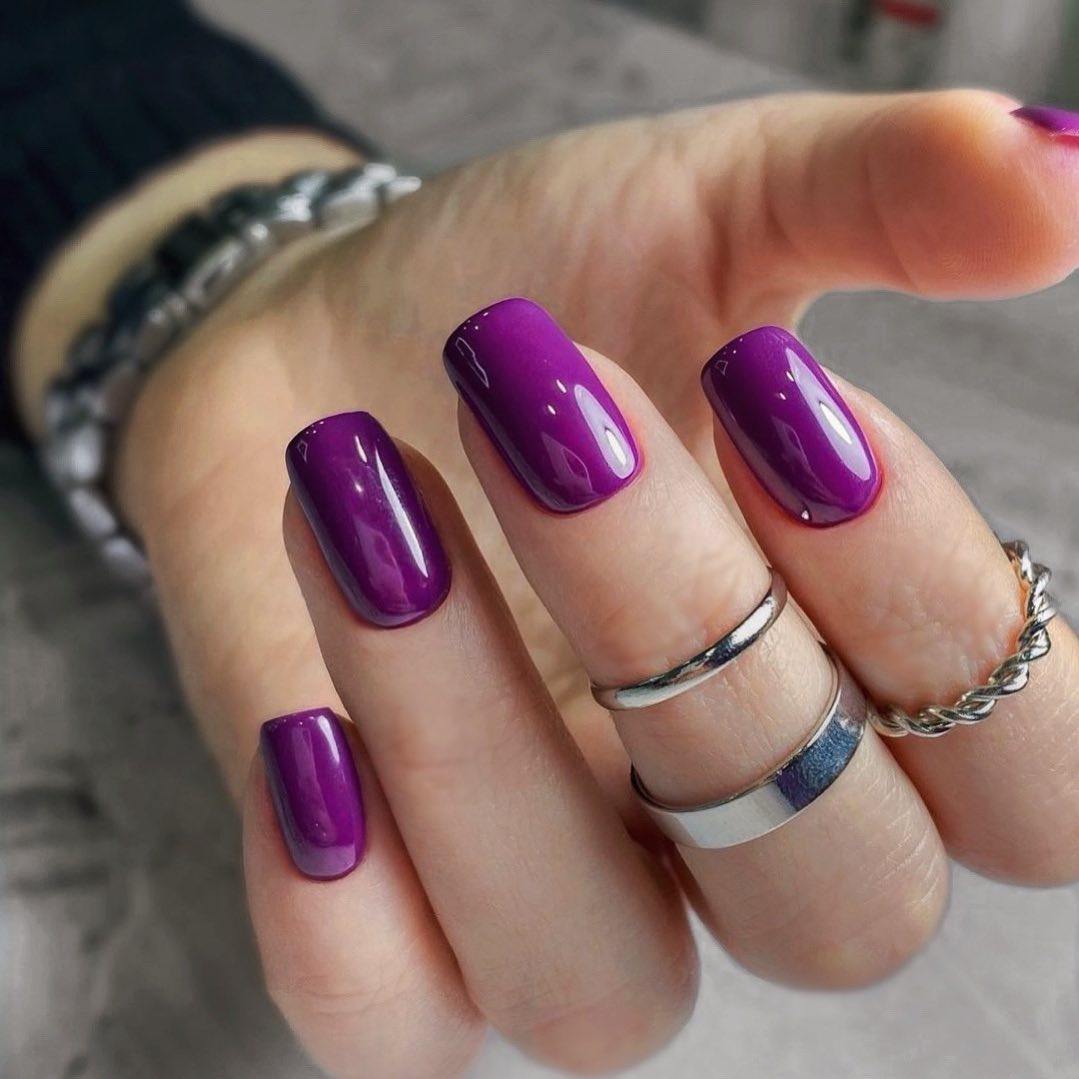 Vibrant Purple Glossy Short Square Nails