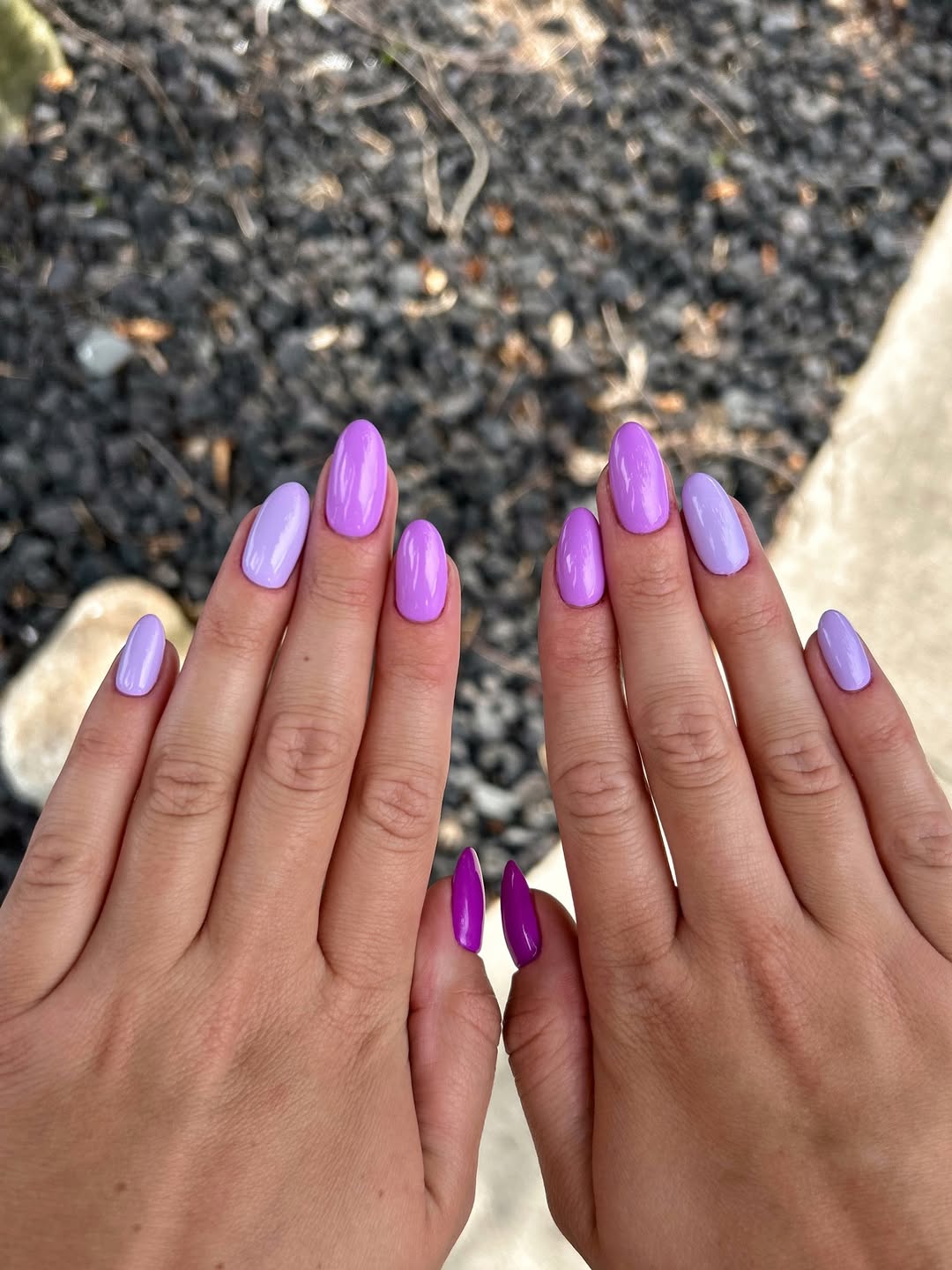 Vibrant Purple Mismatched Glossy Almond Nails
