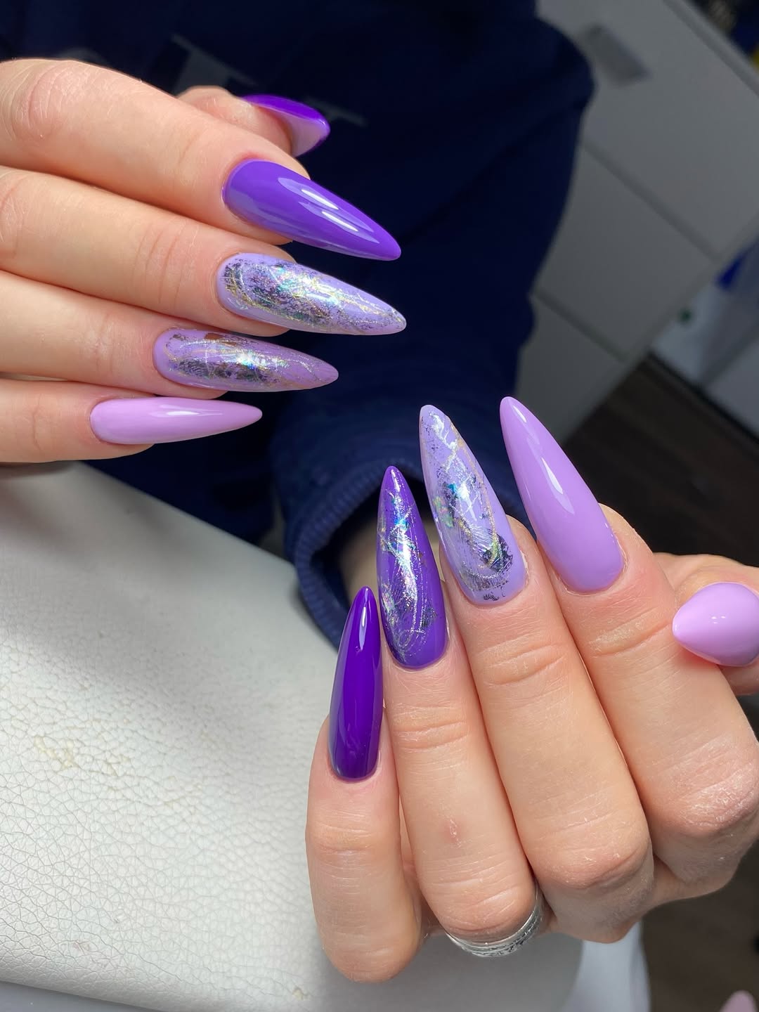 Vibrant Purple Ombre Foil Stiletto Nails