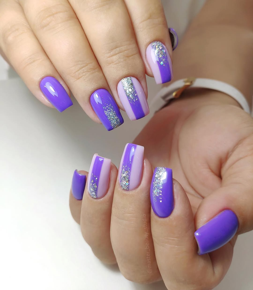 Vibrant Purple Vertical Stripe Glitter Summer Nails