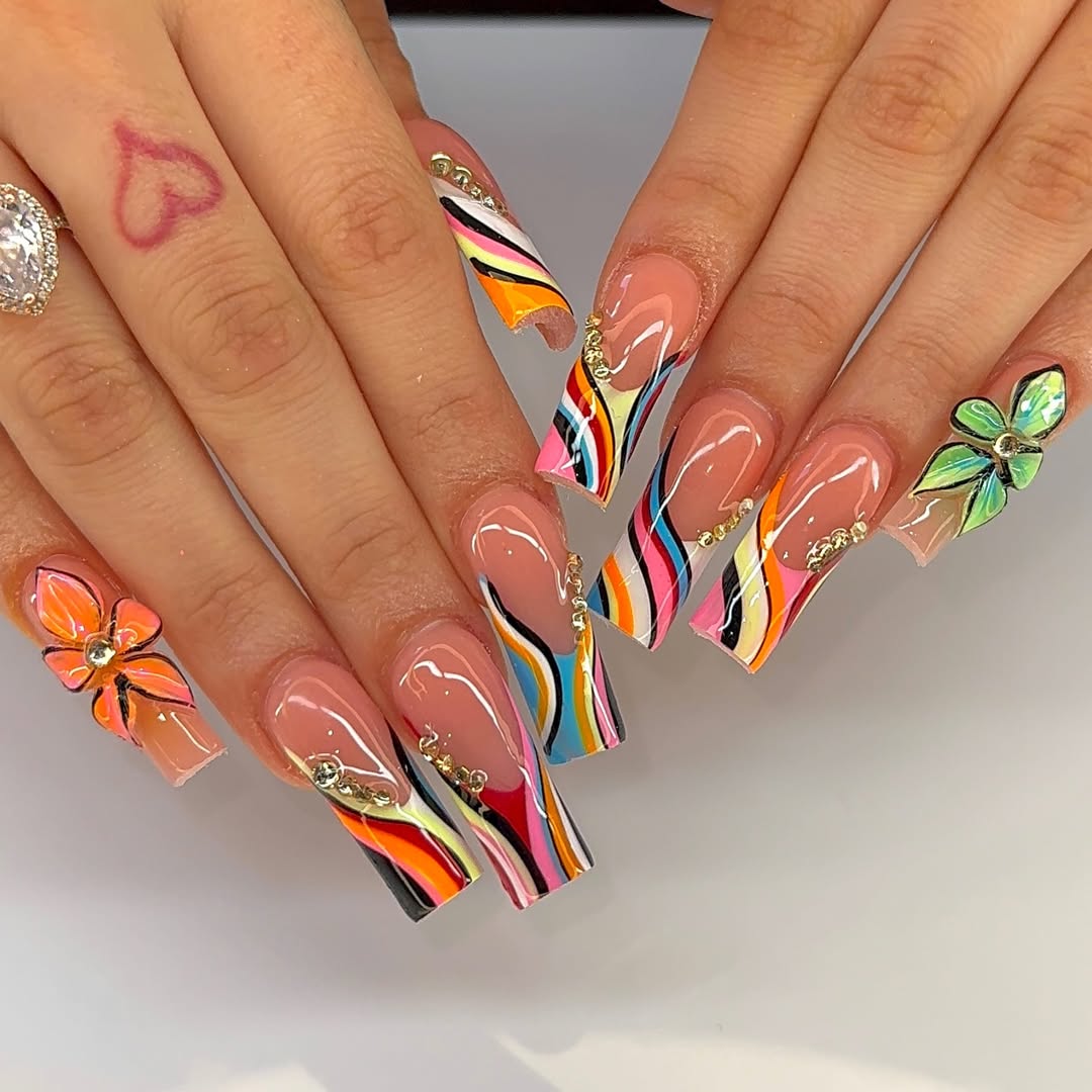 Vibrant Rainbow Abstract French Tips 3D Butterflies