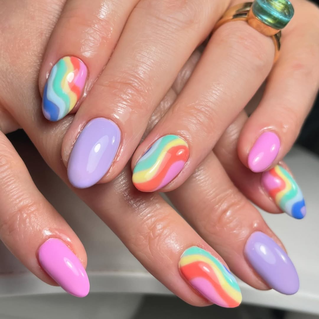 Vibrant Rainbow Abstract Swirl Glossy Oval Nails