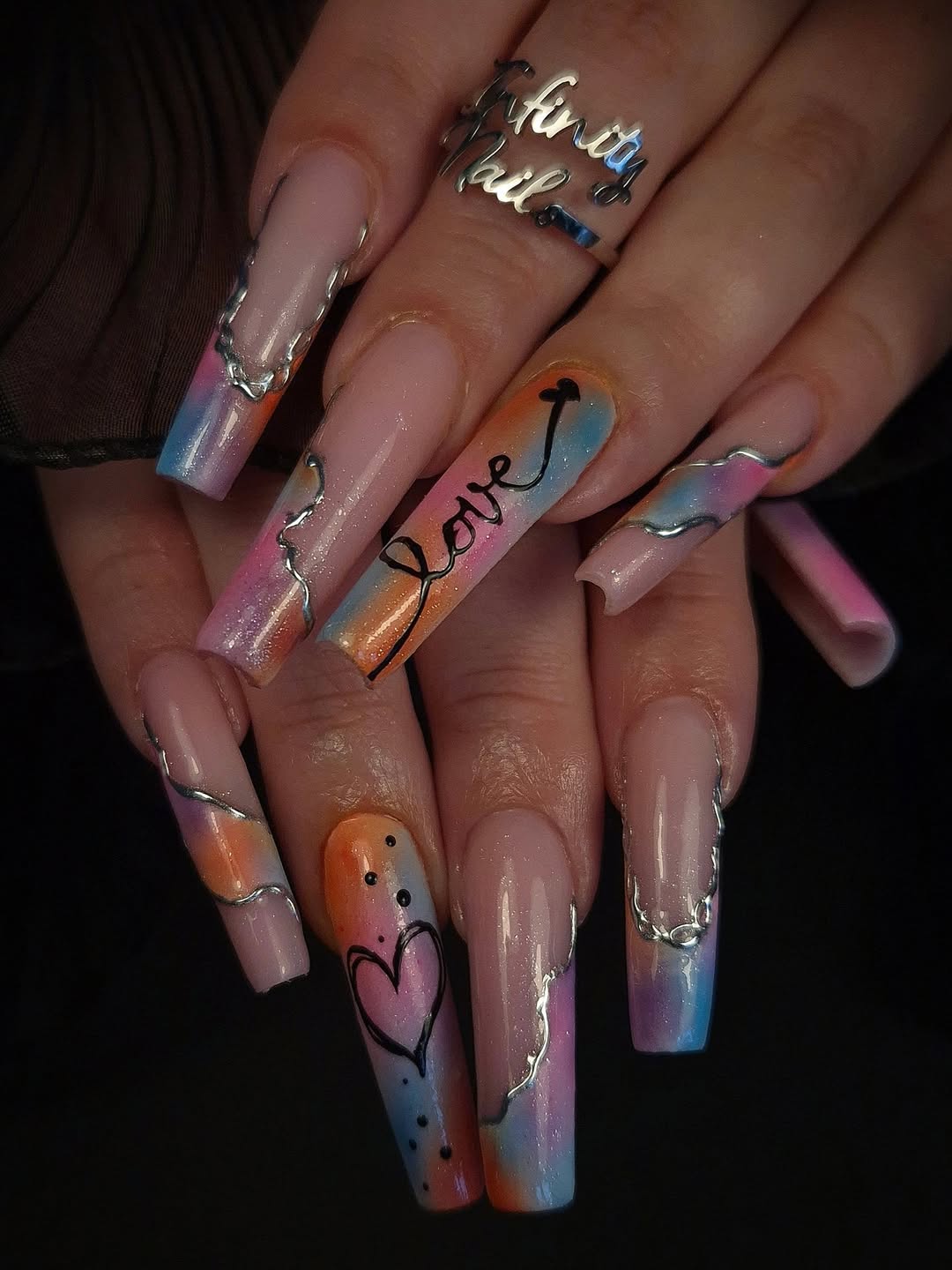 Vibrant Rainbow Ombre Coffin Nails with 3D Silver Chains