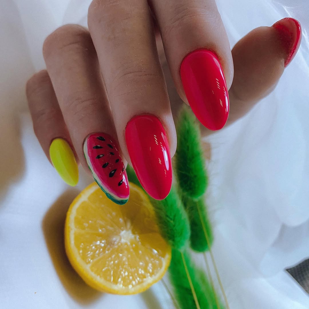 Vibrant Red And Watermelon Almond Summer Nails