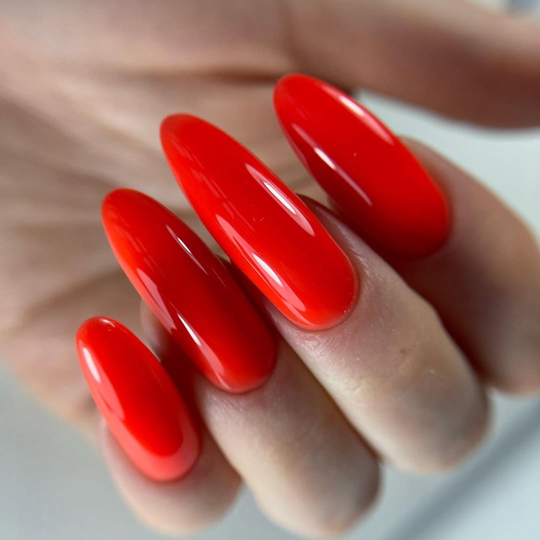 Vibrant Red High Gloss Almond Nails