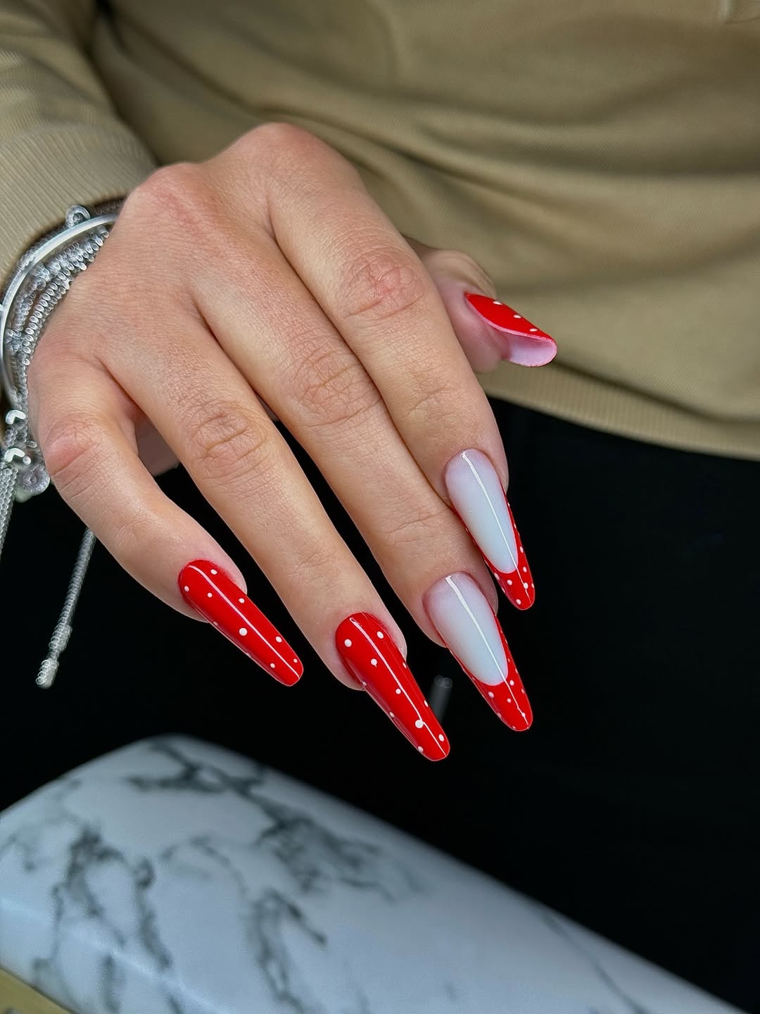 Vibrant Red Polka Dot and White French Coffin Nails