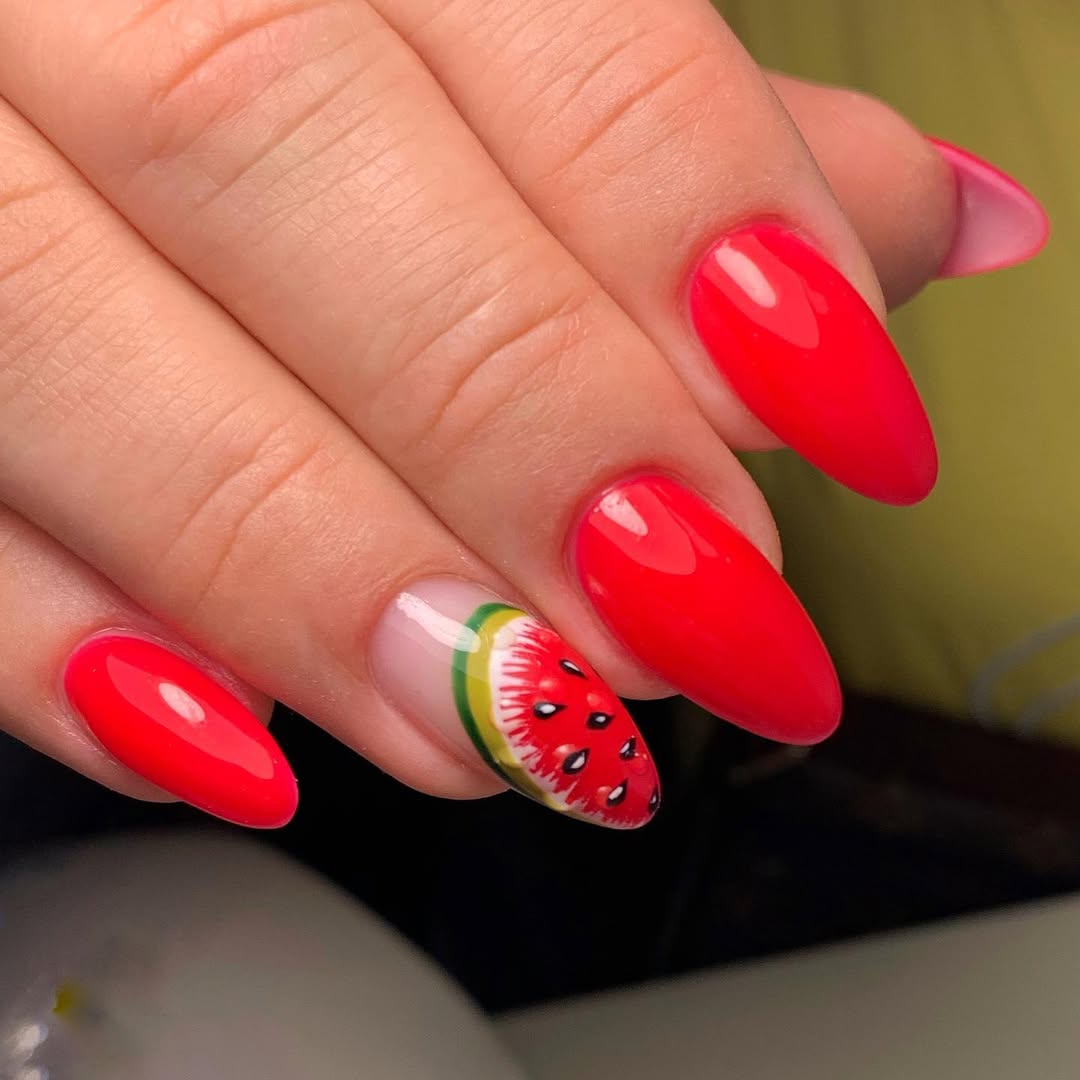 Vibrant Red Watermelon Accent Almond Nails