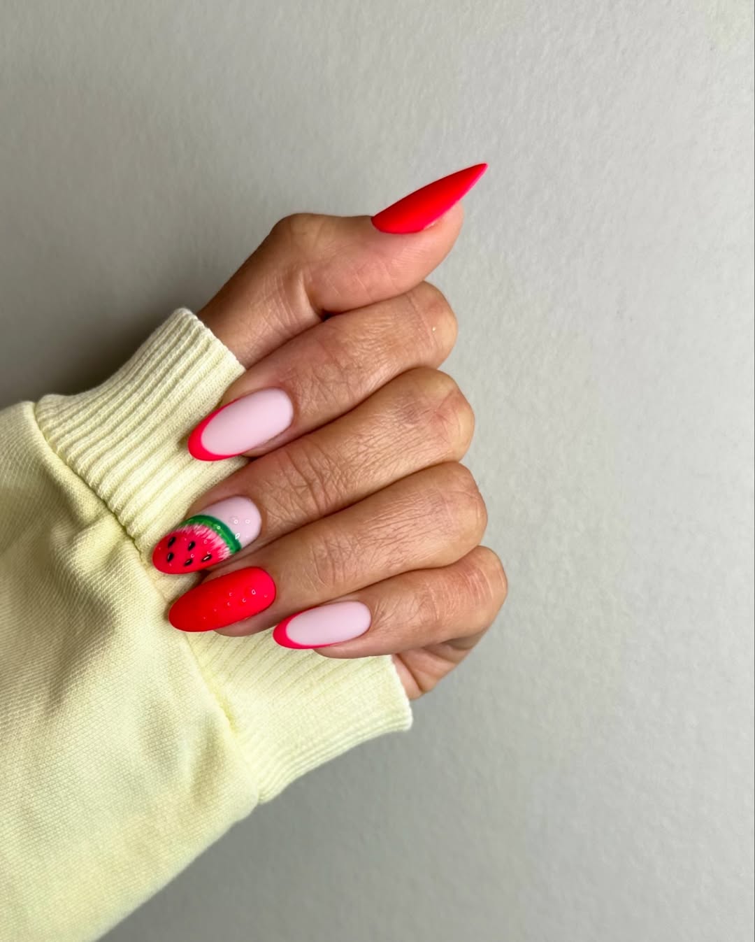 Vibrant Red Watermelon And Pink French Manicure