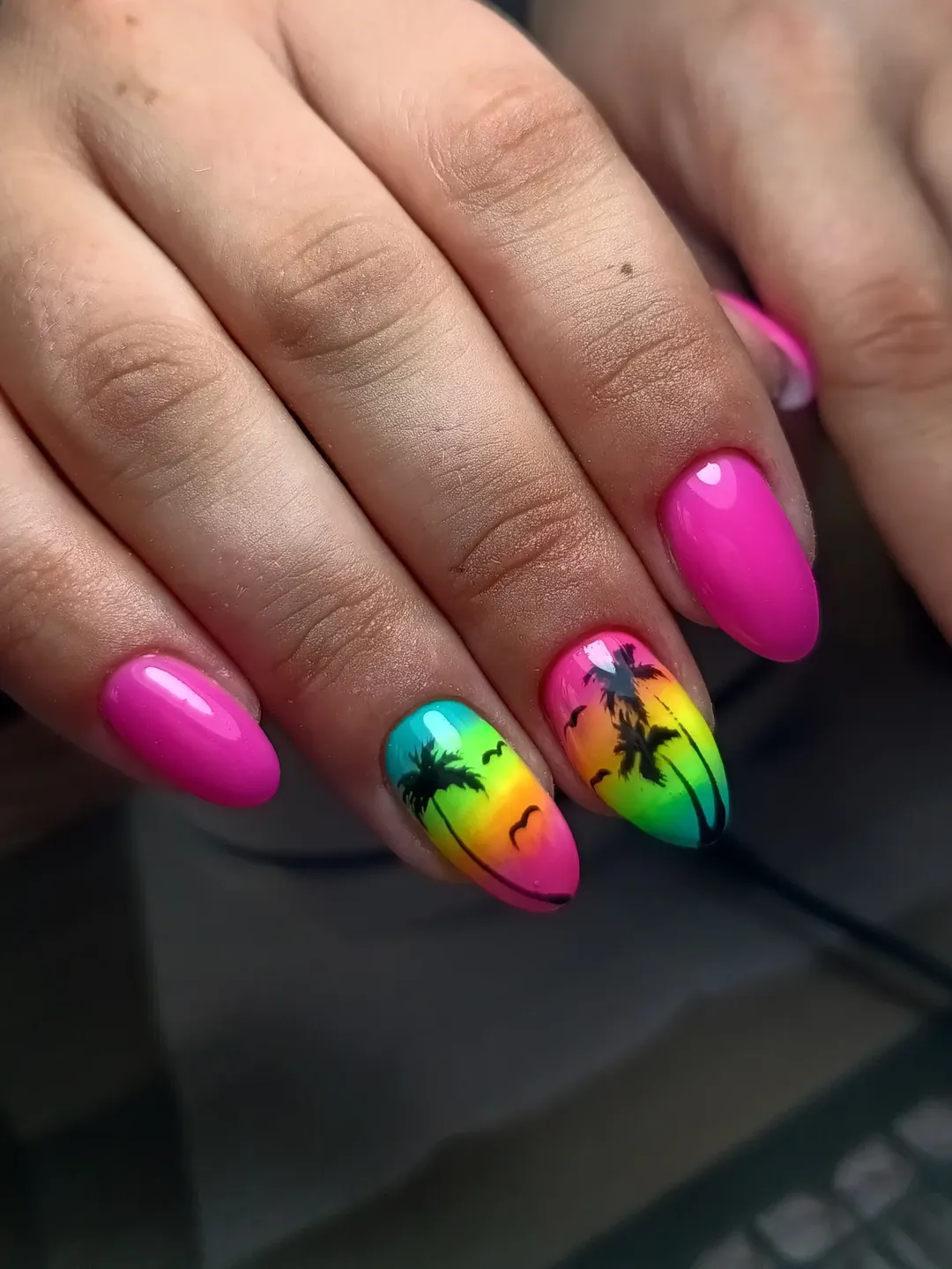 Vibrant Sunset Ombre Palm Tree Almond Nails