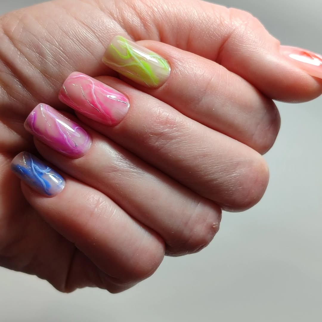 Vibrant Swirl Short Pink Blue Green Purple Nails