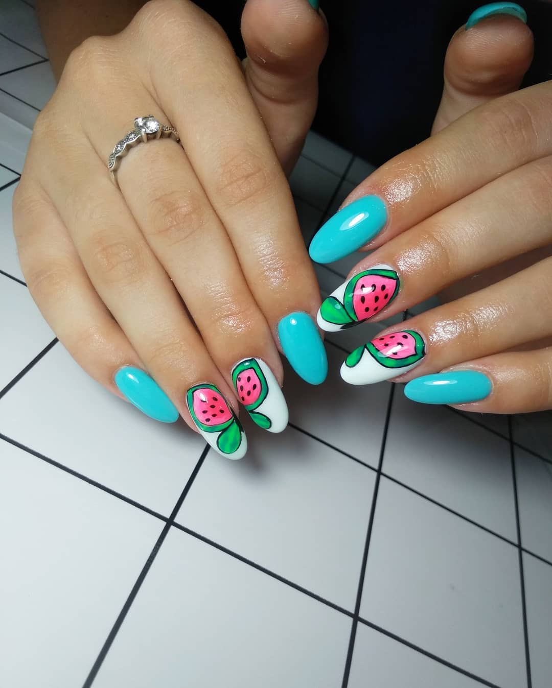 Vibrant Teal and Watermelon Oval Nails