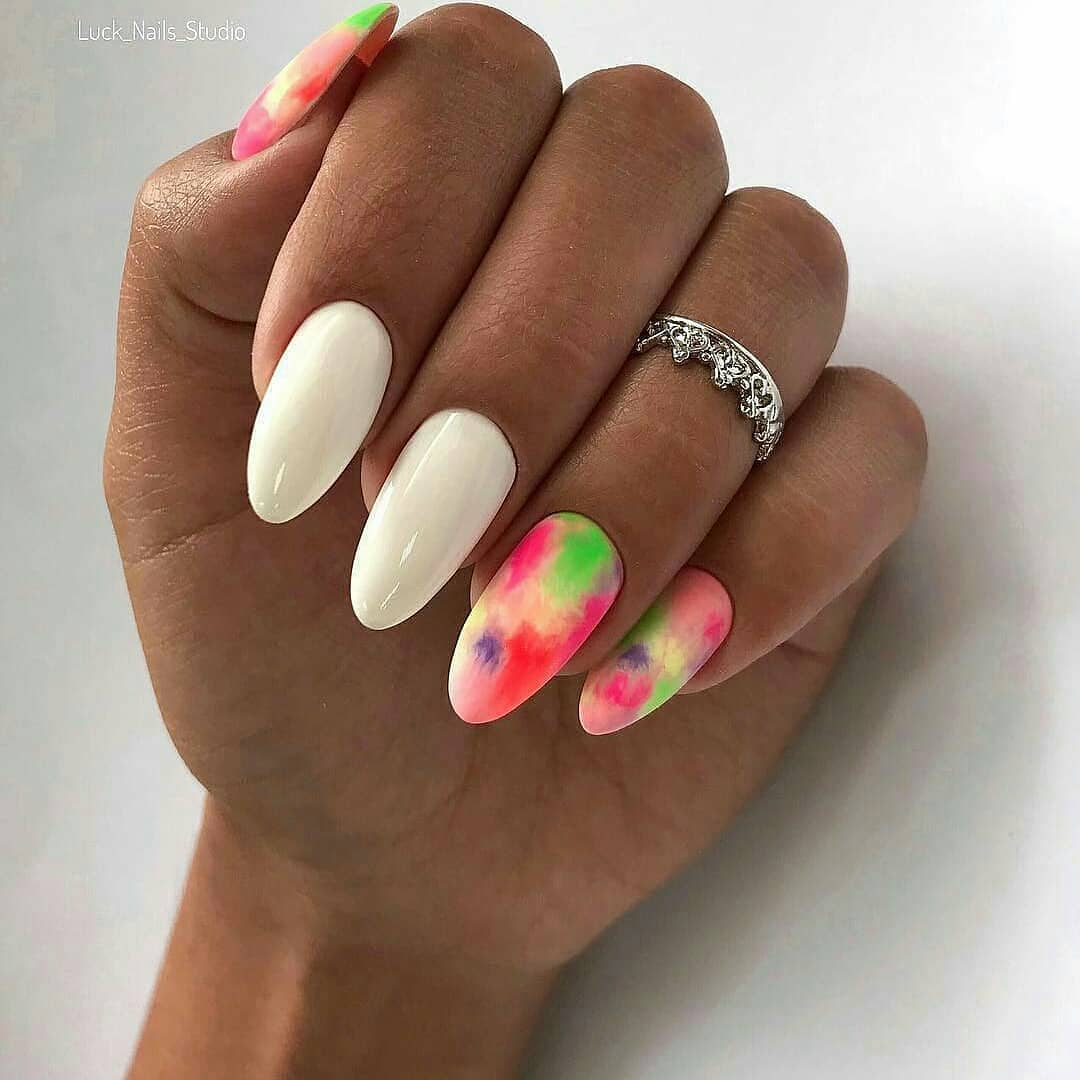 Vibrant Tie-Dye Almond Nails with Solid White Accents