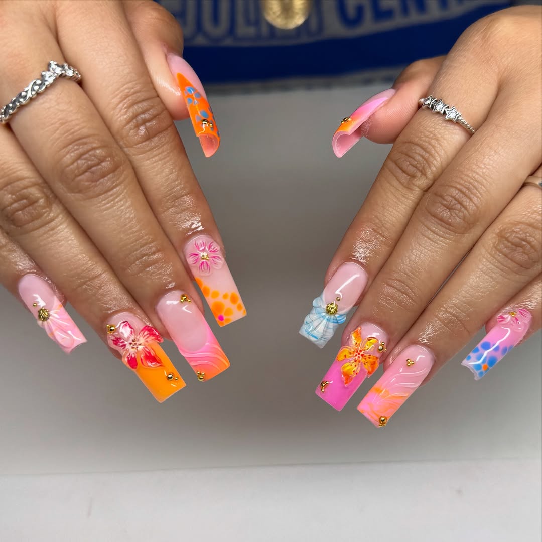 Vibrant Vacation Multi-color Floral French Acrylics