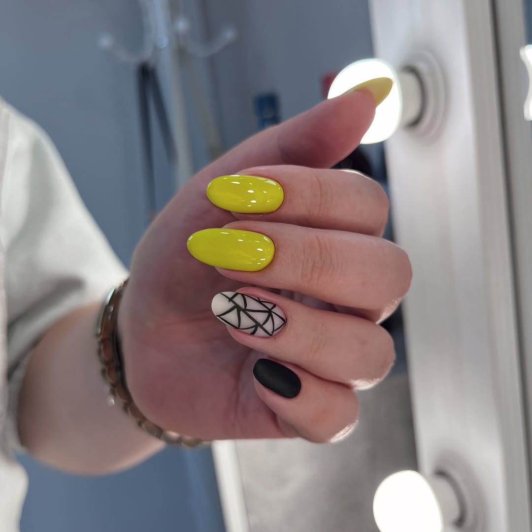 Vibrant Yellow Black White Geometric Almond Nails