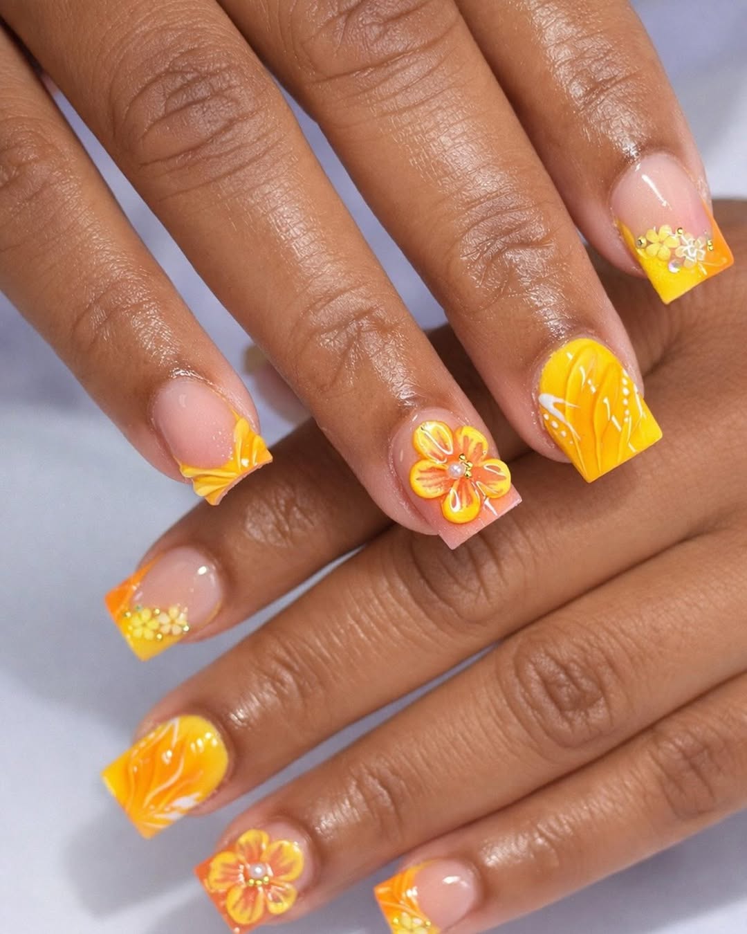 Vibrant Yellow Orange Floral Square Nails