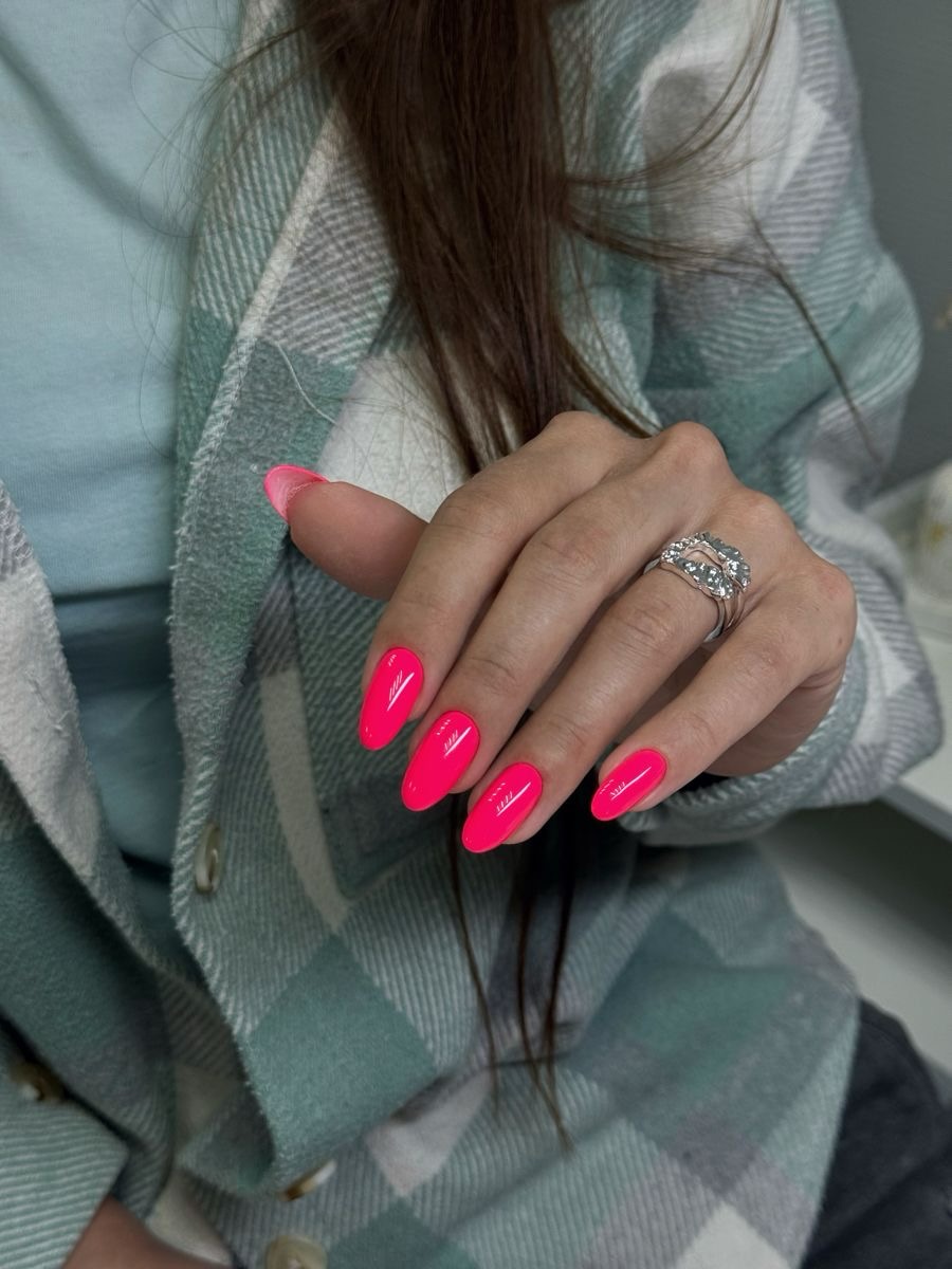 Vivid Neon Pink Glossy Oval Summer Nails