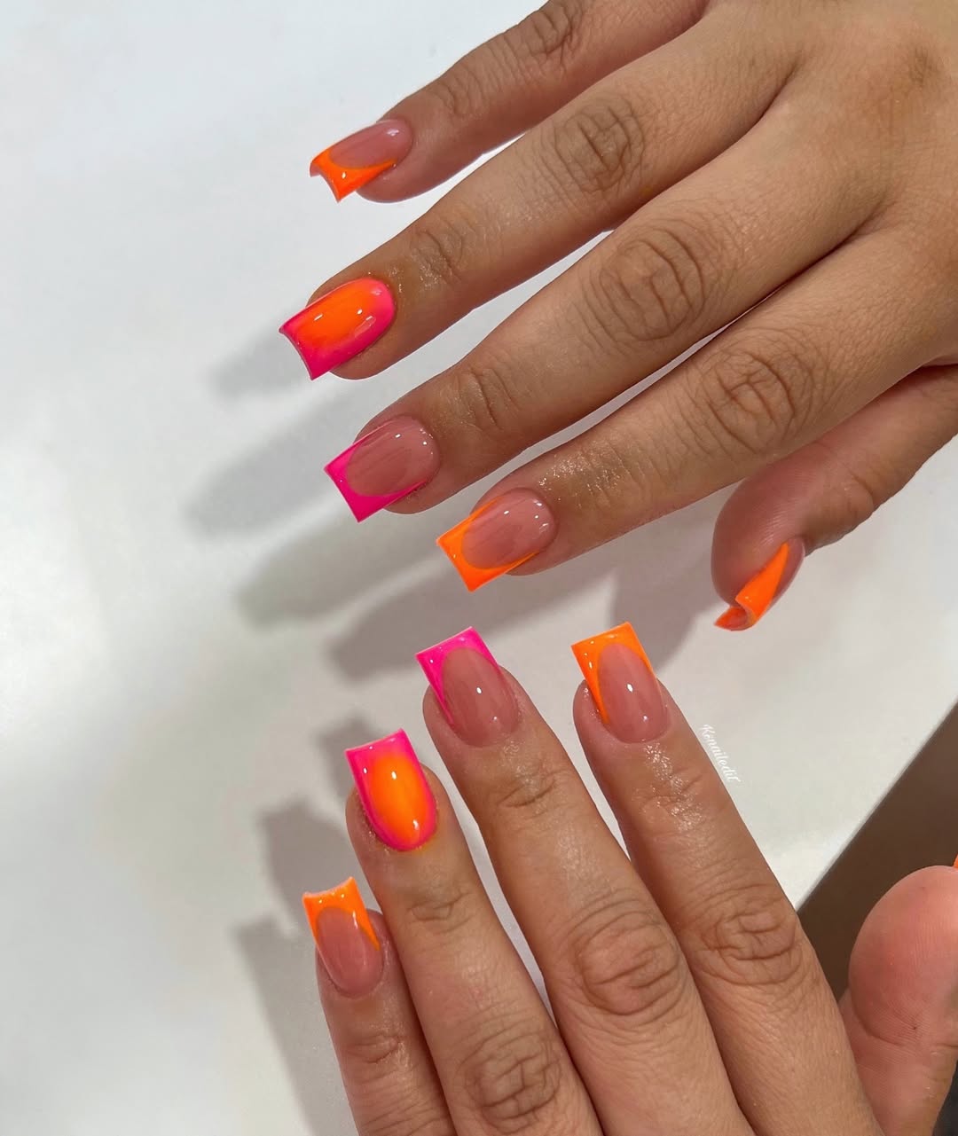 Vivid Neon Pink Orange Ombre French Tips